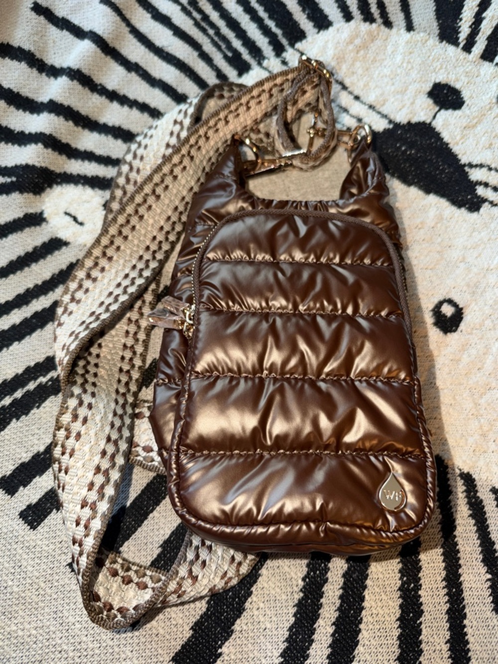 Wanderfull Brown Quilted Crossbody Bag with Patterned Strap